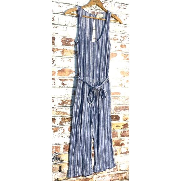Anthropologie Cloth & Stone Striped Linen Coastal Flowing Op[en Back Jumpsuit - Picture 5 of 14
